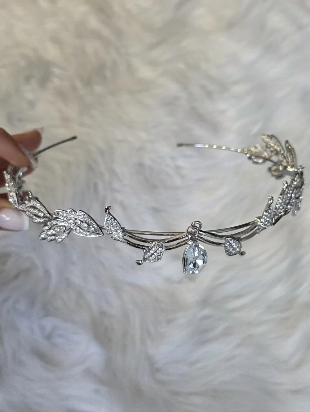 Crystal Leaf Accent Silver Tiara Headband